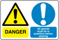 Danger safety sign sticker: yellow warning triangle, blue exclamation, 'DANGER' label