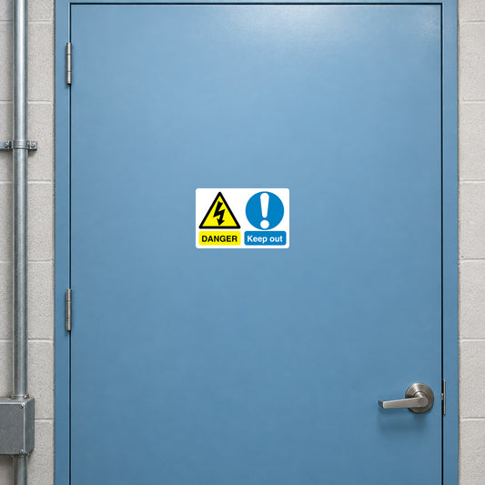 Safety sign sticker with yellow hazard triangle and text “DANGER” and “Keep out”
