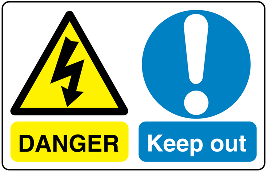Safety sign sticker with yellow hazard triangle, lightning, DANGER, and Keep out symbol