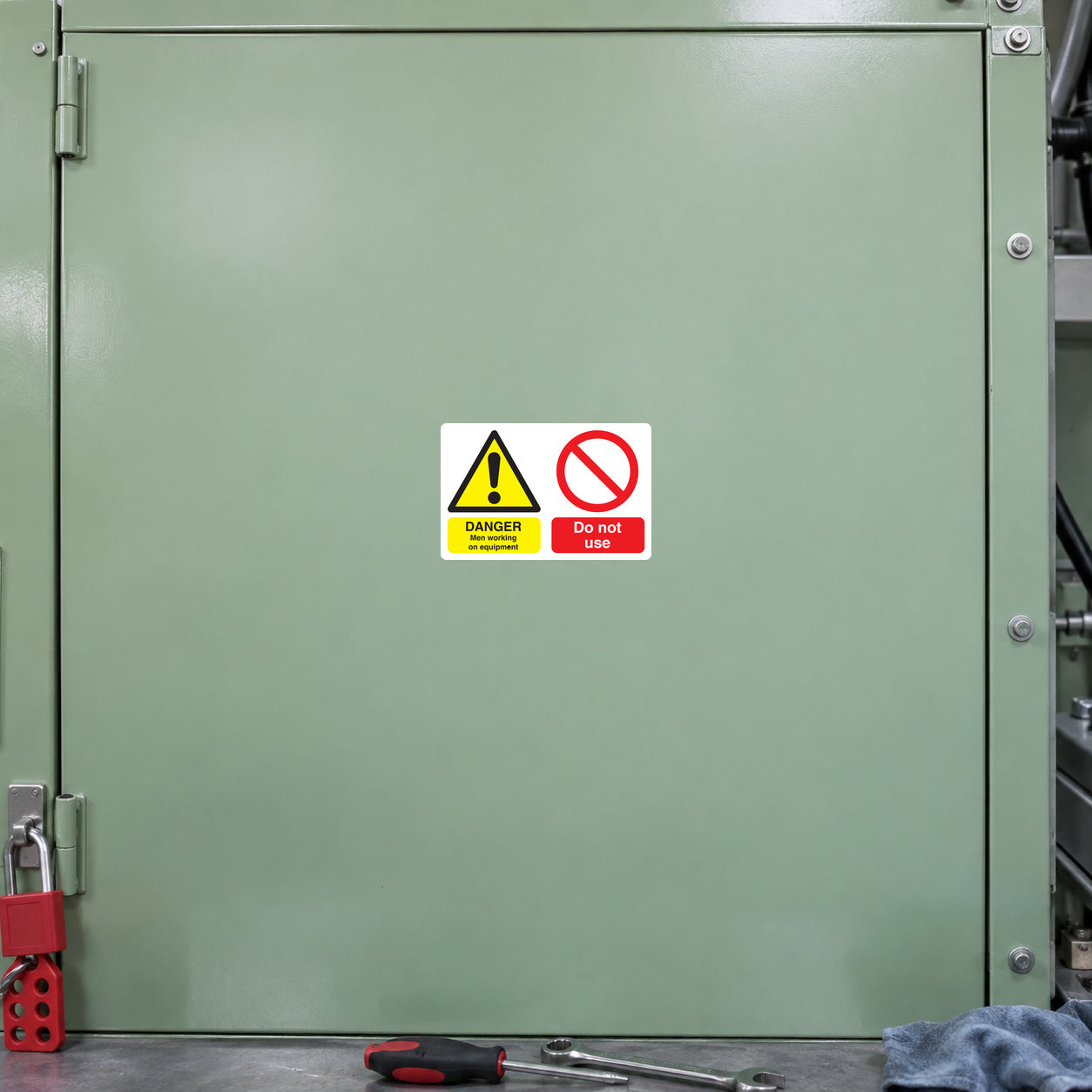 Safety hazard sign sticker with yellow triangle DANGER and red prohibition symbol