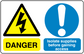 Safety sign sticker with yellow danger triangle, lightning bolt, and blue warning exclamation