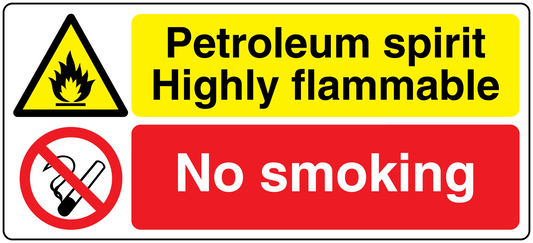Safety sign sticker: yellow flammable warning, red No smoking text and symbol.