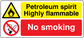 Safety sign sticker: yellow flammable warning, red No smoking text and symbol.