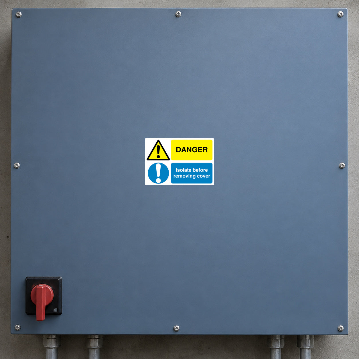 Safety sign sticker with yellow danger symbol and blue text: “Isolate before removing cover”