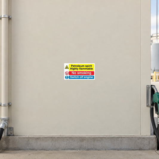 Safety sign sticker with flammable, no smoking, and switch off engine icons and text