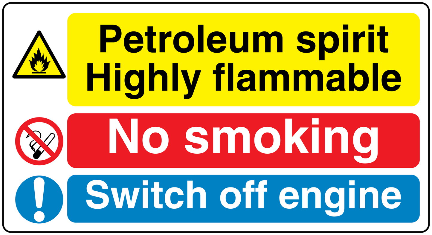Safety sign sticker: petroleum spirit highly flammable, no smoking, switch off engine