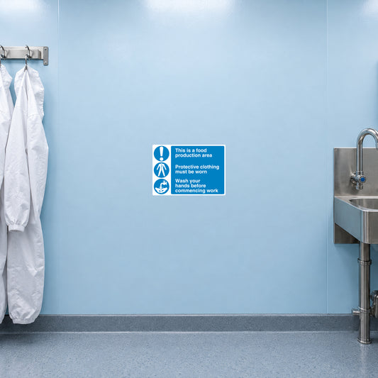 Safety sign sticker with blue warning icon and white text labels