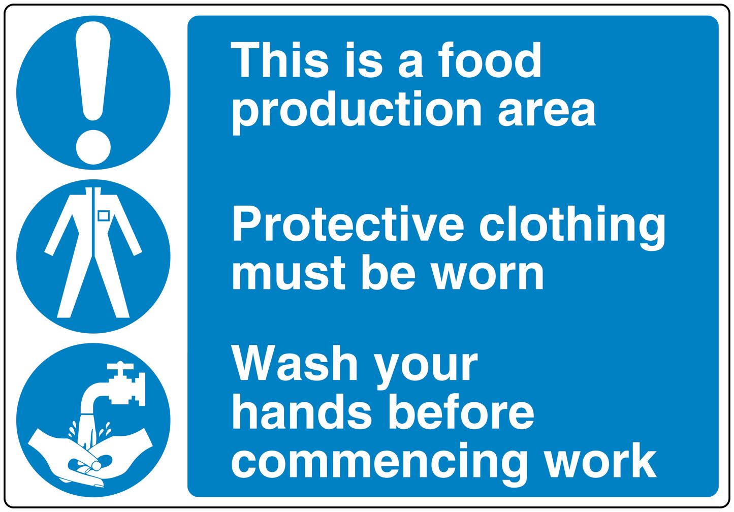 Safety sign sticker with blue warning text and three hazard icons
