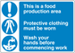 Safety sign sticker with blue warning text and three hazard icons