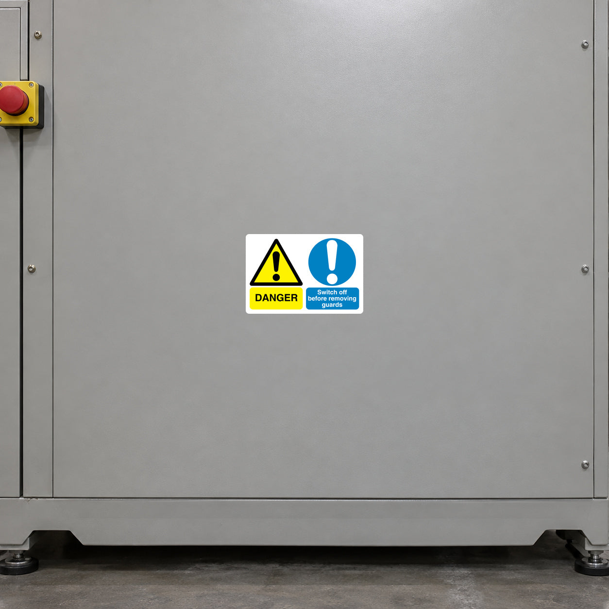 Danger warning sign sticker with yellow triangle and exclamation mark, blue safety text