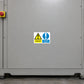Danger warning sign sticker with yellow triangle and exclamation mark, blue safety text