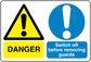 Safety sign sticker with danger triangle, exclamation mark, and 'Switch off before removing guards'