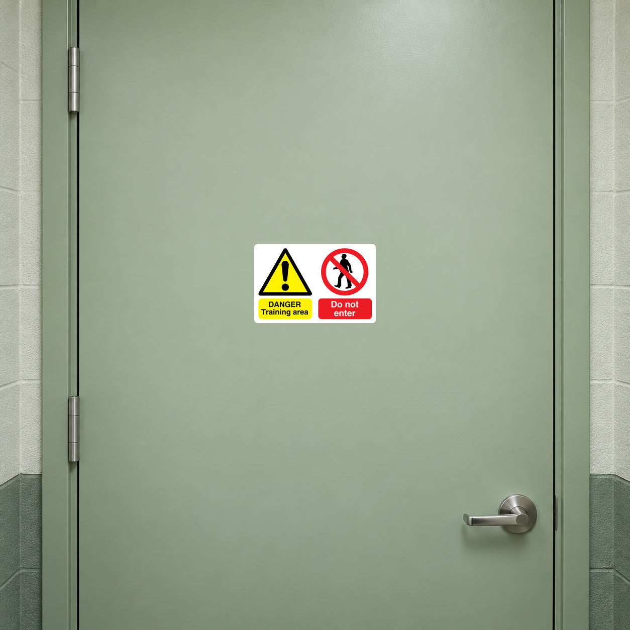 Safety sign sticker with yellow danger triangle and red no-entry symbol