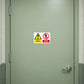 Safety sign sticker with yellow danger triangle and red no-entry symbol