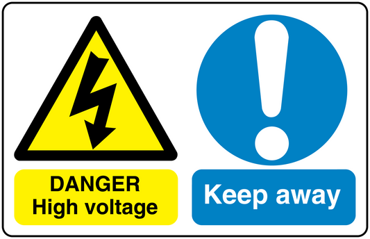 Safety sign sticker with yellow danger high-voltage triangle and blue Keep away exclamation
