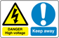 Safety sign sticker with yellow danger high-voltage triangle and blue Keep away exclamation