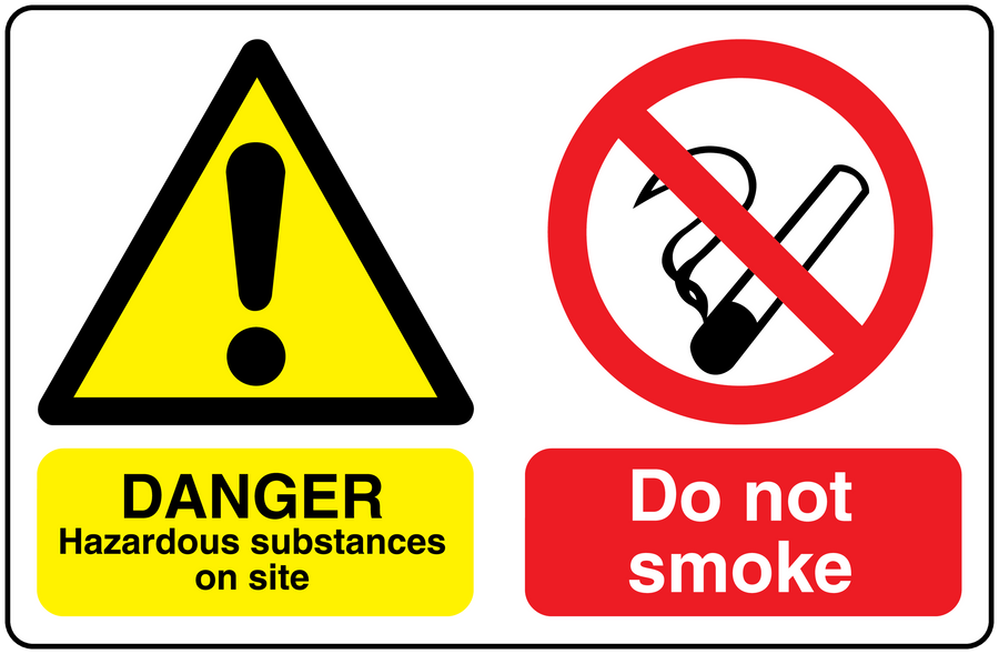 Safety sign sticker: yellow warning triangle with exclamation, red do not smoke symbol and text