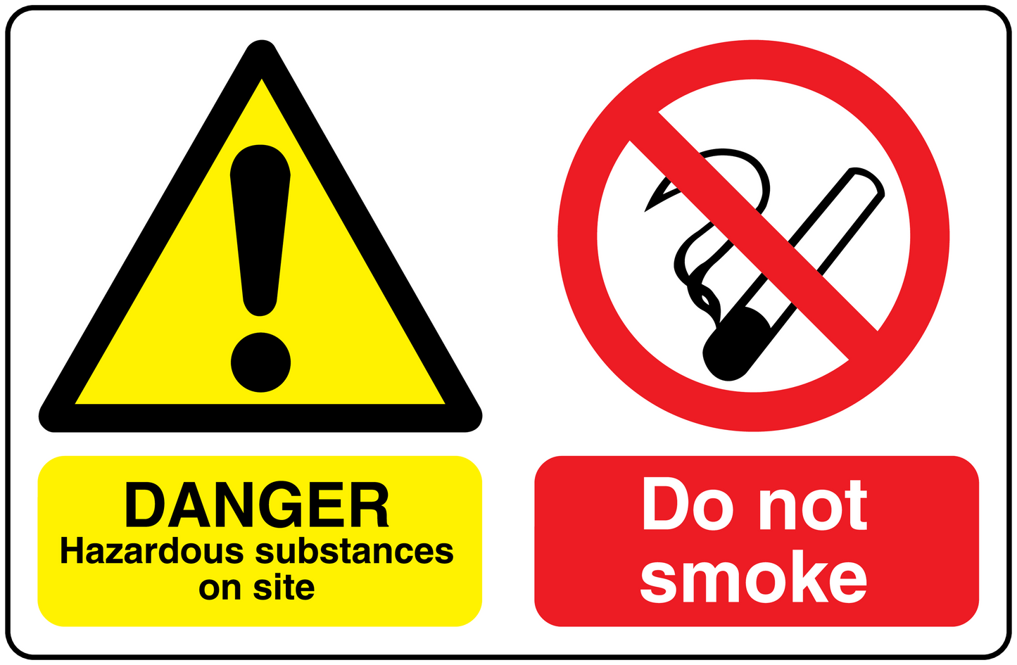 Safety sign sticker: yellow warning triangle with exclamation, red do not smoke symbol and text