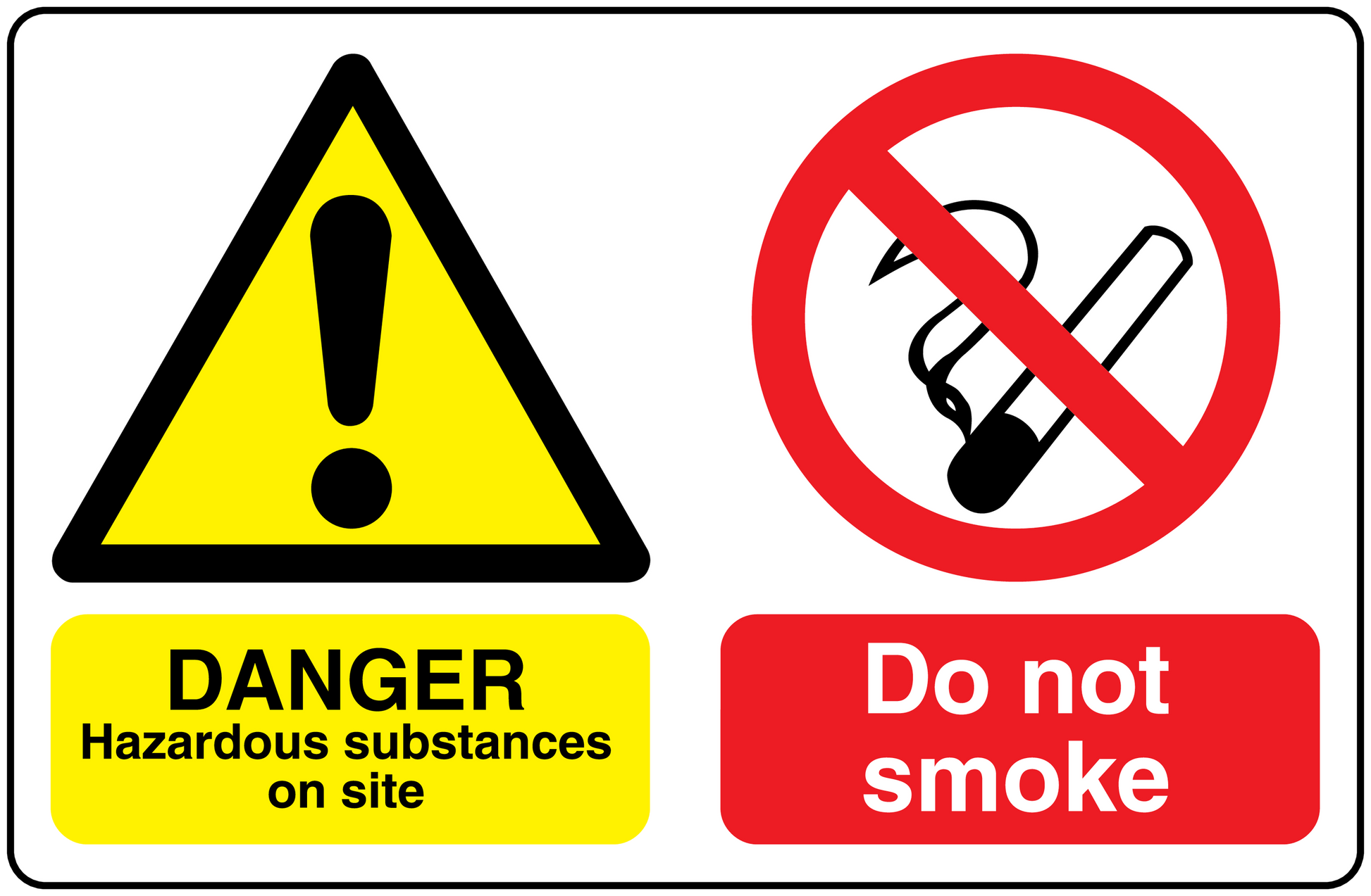 Safety sign sticker: yellow warning triangle with exclamation, red do not smoke symbol and text