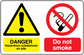 Safety sign sticker: yellow warning triangle with exclamation, red do not smoke symbol and text