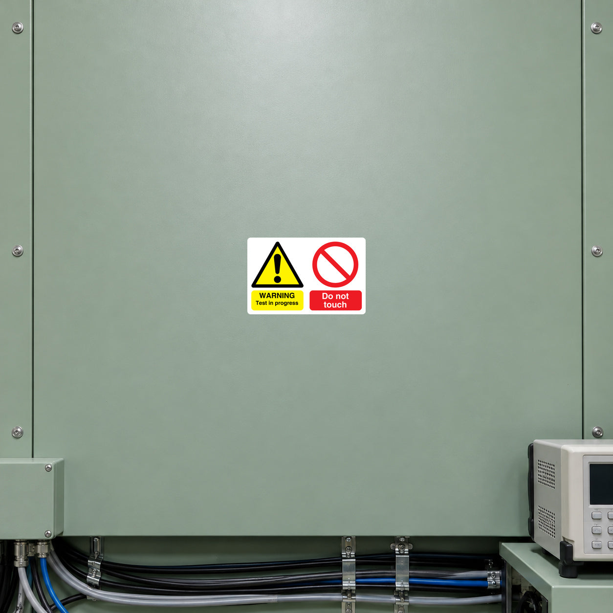 Safety sign sticker with yellow warning triangle and red do-not-touch symbol