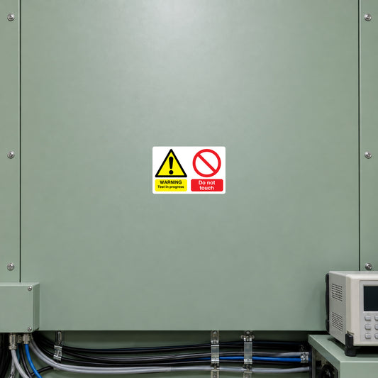 Safety sign sticker with yellow warning triangle and red do-not-touch symbol