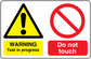 Warning safety sign sticker with yellow caution triangle and red no-touch symbol
