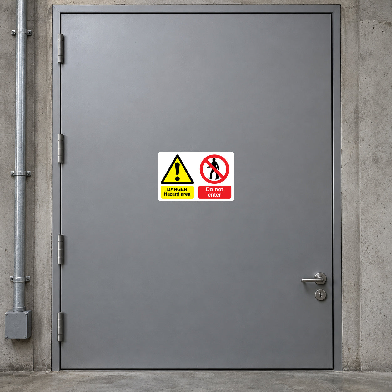 Safety sign sticker with yellow danger triangle and red no-entry symbol