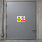 Safety sign sticker with yellow danger triangle and red no-entry symbol