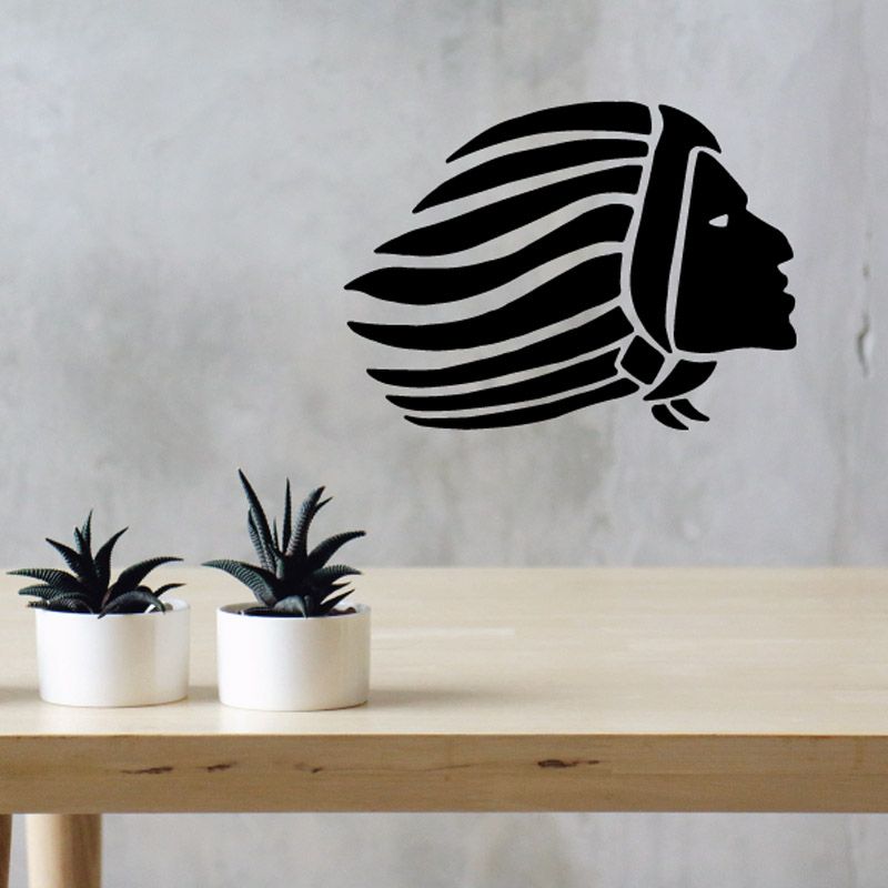 Black Native American head decal silhouette with feather headdress, side profile