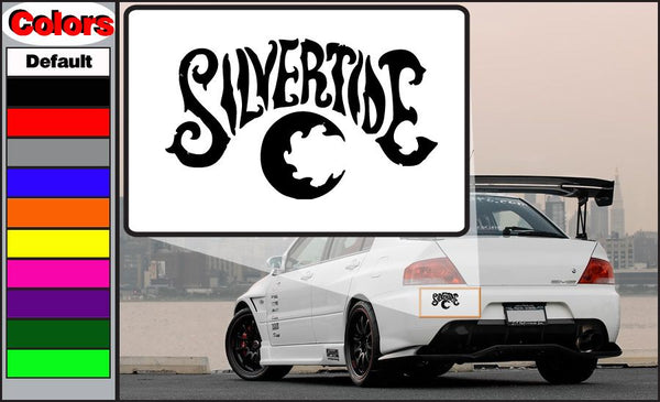 Car decal with black Silvertide logo and globe emblem