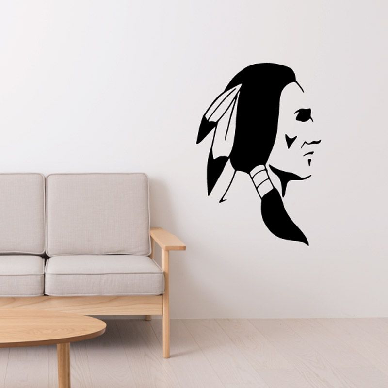Black Native American head profile wall decal with feather headdress