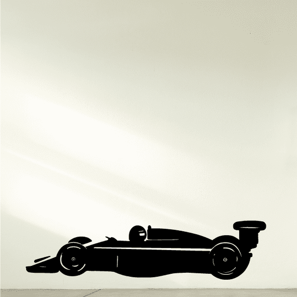 Open-wheel race car decal with black side-view silhouette, open wheels.