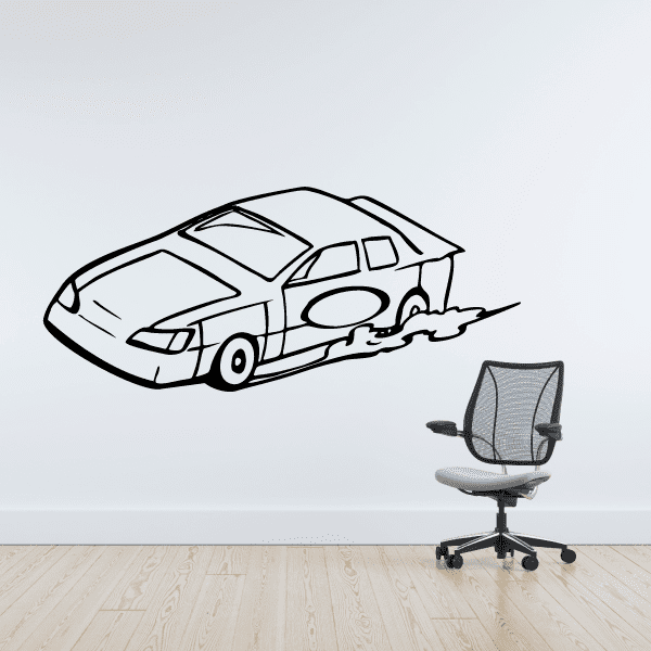 Stock car decal with black outline and gray line-art detailing