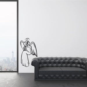 Seated angel woman wall decal with wings and halo line art