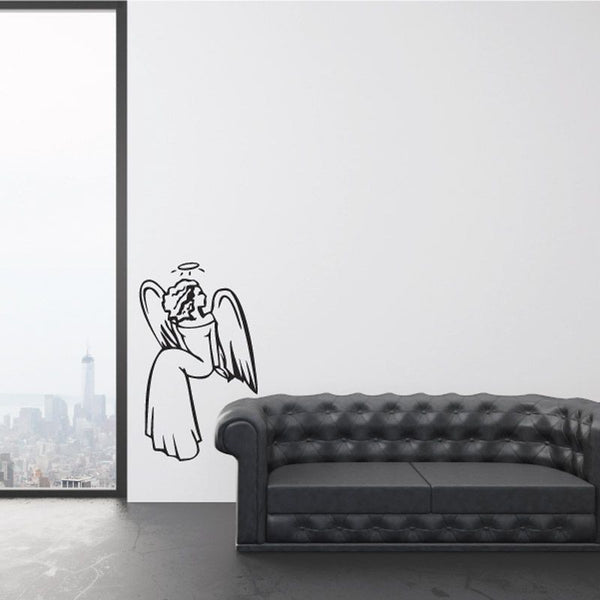 Seated angel woman wall decal with wings and halo line art