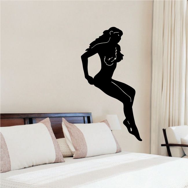Sitting long-haired woman silhouette wall decal, black