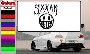 Sixx Am decal with black stylized text and grinning face graphic
