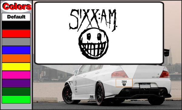 Sixx Am decal with black stylized text and grinning face graphic
