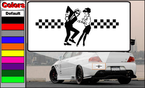 Ska duet dance decal with two black dancer silhouettes and checkered racing stripes