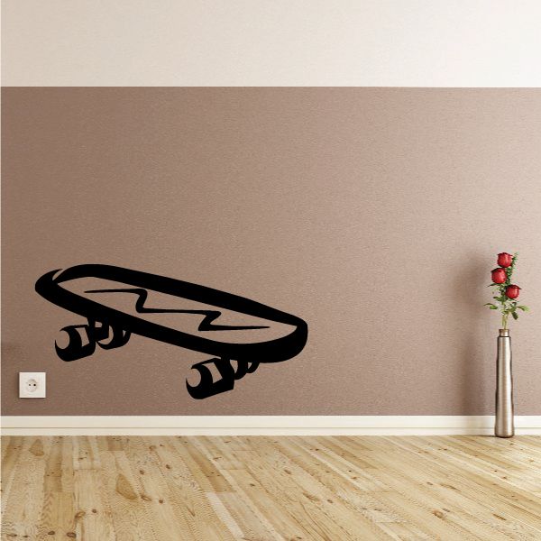 Black skateboard graphic decal with bold board outline and wheels
