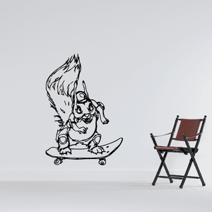 Skateboarding bunny wall vinyl decal, black line art of bunny on skateboard