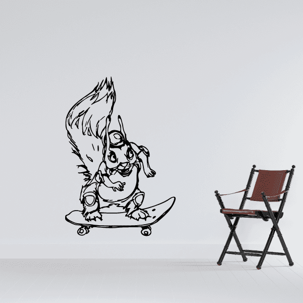 Skateboarding bunny wall vinyl decal, black line art of bunny on skateboard