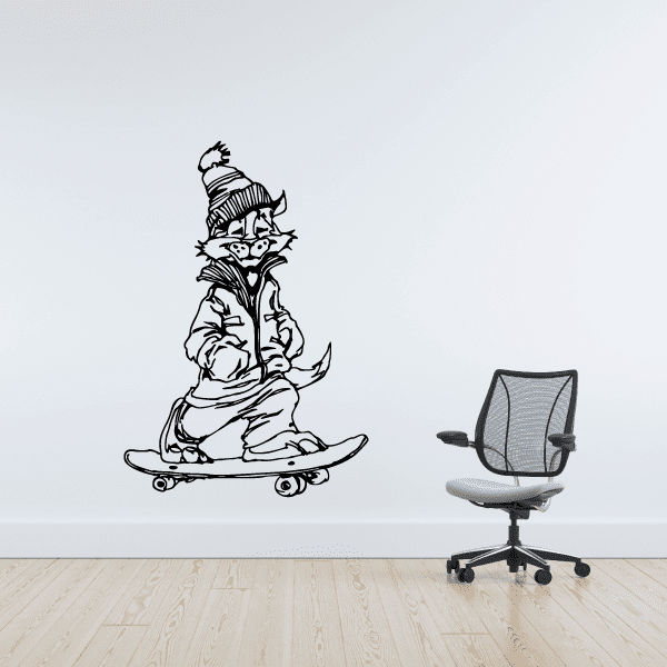 Skateboarding bunny wall decal, black vinyl outline of bunny on skateboard