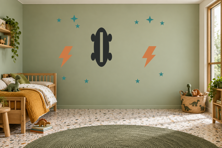 Wall decal kit with cactus silhouette, lightning bolts, and small teal stars
