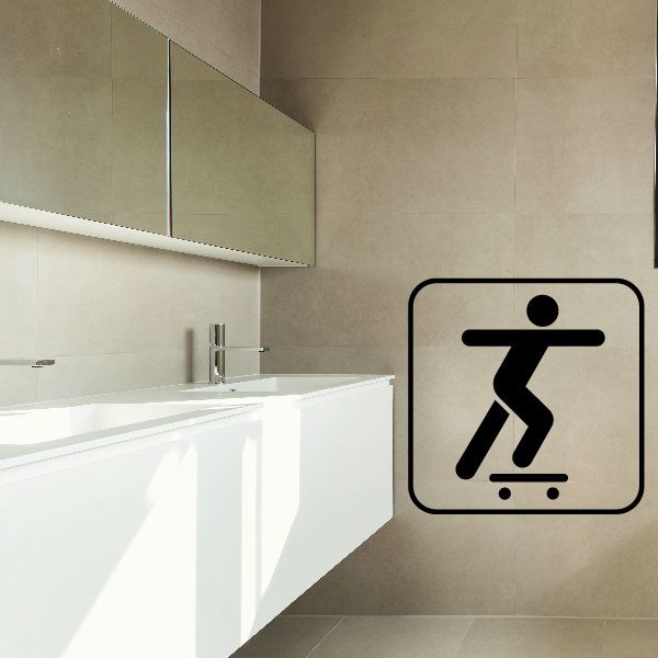 Skateboarding sign decal with black skateboarder icon in rounded square