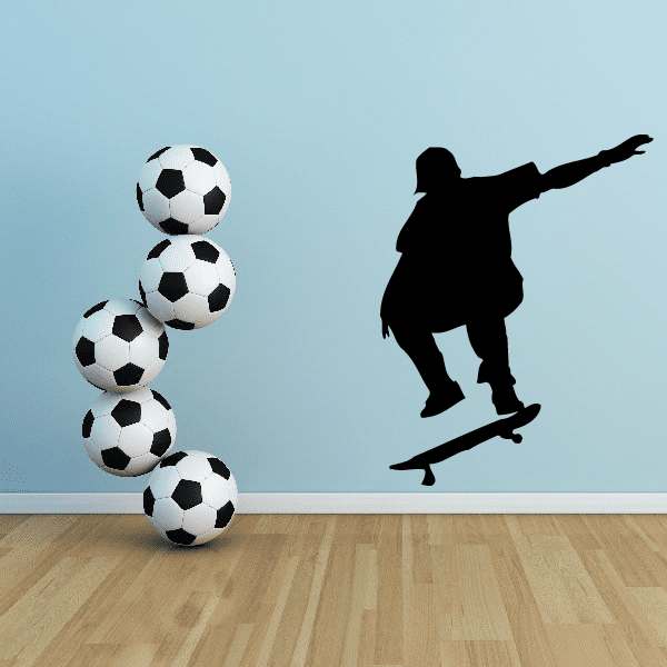 Skateboarding wall decal set with black skateboarder silhouette and five soccer balls