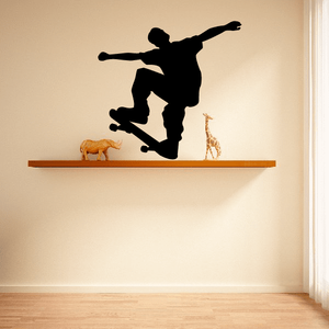 Black skateboarder silhouette vinyl wall decal, single rider on skateboard