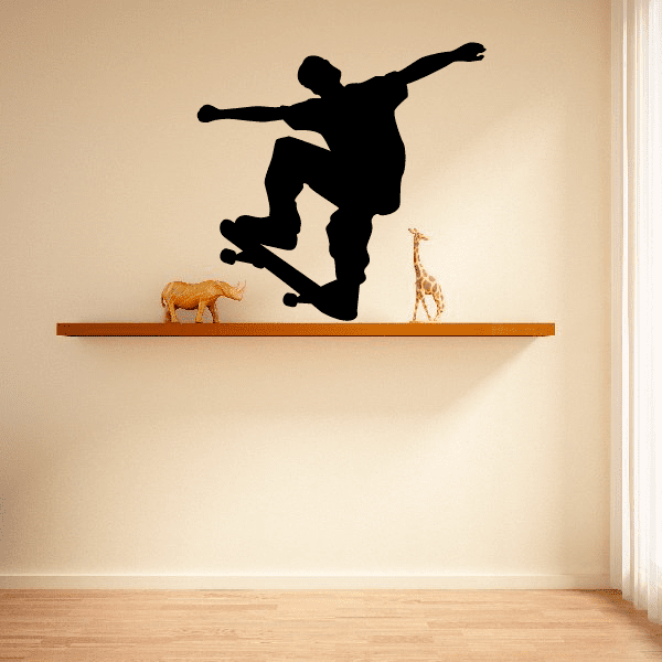 Black skateboarder silhouette vinyl wall decal, single rider on skateboard