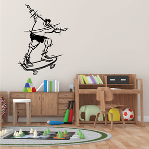 Skateboarding wall vinyl decal: black skateboarder silhouette with skateboard wheels